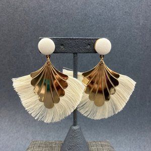 Statement Dangle Pierced Earrings Gold Cream White Fringe Art Deco Retro BoHo